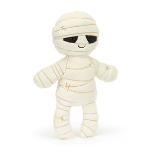 Jellycat Mummy Bob plush toy wrapped in soft cream bandages with stitched smile.