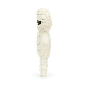 Side: Soft Jellycat Mummy Bob plush (side view) with cream fur bandages.