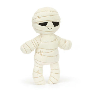 Angled: Jellycat Mummy Bob plush (angled view) with cream fur bandages & embroidered stitches.