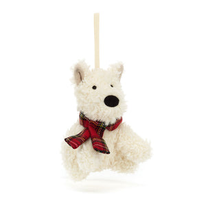 Jellycat Munro Scottie Dog Decoration, angled view, soft plush toy with cream fur, perky ears, black nose, and tartan scarf.