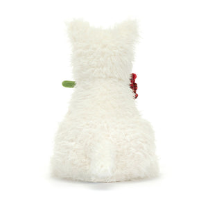 Back View: Jellycat Munro Scottie Dog 'Love You', emphasing the cream shaggy fur of the dog.