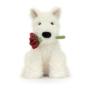 Front View: Jellycat Munro Scottie Dog 'Love You', a soft plush dog holding a tartan rose.