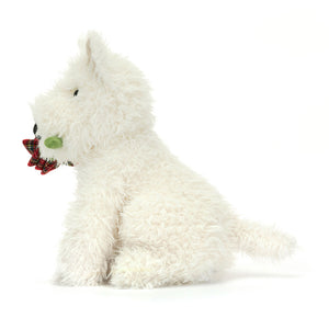 Side View: Jellycat Munro Scottie Dog 'Love You', a cuddly Scottie dog with a black nose and holding a tartan rose.