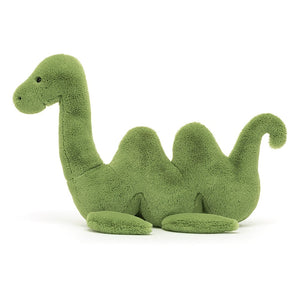 Side profile of Jellycat Nessie Nessa plush, showcasing its long body and distinctive beany base.