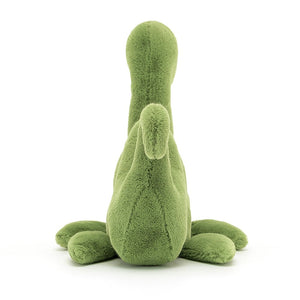 Rear view of Jellycat Nessie Nessa plush, emphasizing its textured fur and charmingly detailed fins.