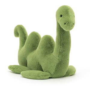 Soft green Jellycat Nessie Nessa plush toy, slightly angled to show its wiggly body and floppy fins.