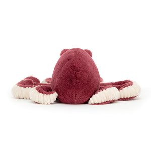 Back view of the Jellycat Obbie Octopus plush toy, emphasizing its playful pose and squiggling tentacles.