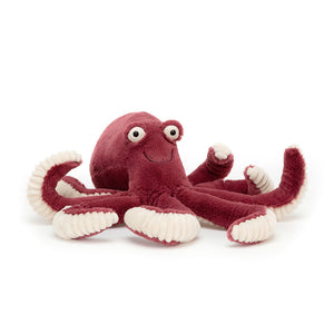 Jellycat Obbie Octopus plush toy, angled view, showcasing its playful expression and vibrant Damson colour.