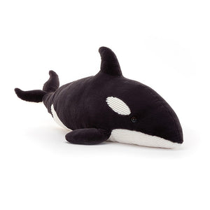 Angled View:  Dive deep with Ollivander the Orca! This giant Jellycat plush features a super soft black and cream coat, impressive dorsal fin and a swishy split tail.