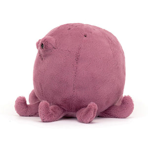 Side View: Side profile of the cuddly Jellycat Ondre Octopus. Highlights the perfect size for playtime (suitable from birth!), the luxuriously soft, huggable texture, and the adorable details like the eight wiggly arms.