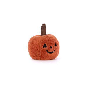 Angled View: Jellycat Ooky Jack O'Lantern with stitched grin & rust red textured segments and a brown stalk. 