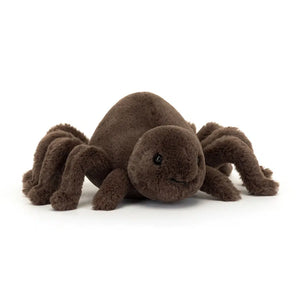 Angled View: Don't be scared! Ooky Spider, a cuddly dark-chocolate plush with wriggly legs, is ready to be your friend. 