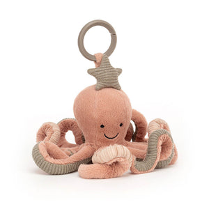 Front view of Jellycat Odell Octopus Activity Toy with smiling face and interactive tentacles.