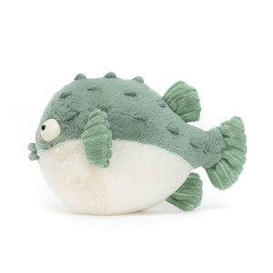 Side view of Jellycat Pacey Pufferfish showing its unique round shape and soft fins.