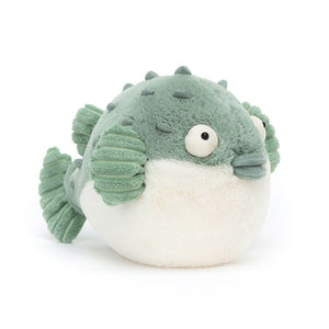 Front view of Jellycat Pacey Pufferfish plush toy with a cheerful smile and textured soft fabric.