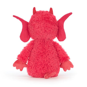 Back view: Jellycat Pandora Pixie is up to something mischievous with fuzzy Strawberry red fur and curly tail.