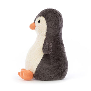 Jellycat Peanut Penguin plush (side view) with baby-soft Grey and cream fur & orange beak and feet.