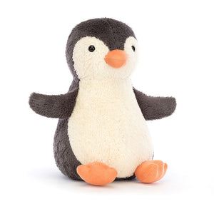 Angled: Jellycat Peanut Penguin plush (angled view) with baby-soft Grey and cream fur & orange beak and feet.