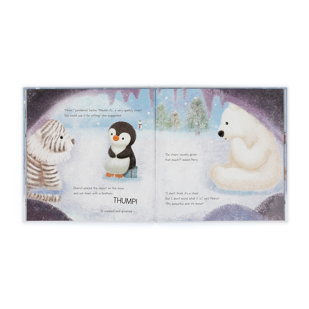 Storybook spread with Peanut Penguin, a white polar bear, and a tiger character in a snowy forest scene.