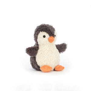 Jellycat Peanut Penguin plush (angled view) with baby-soft Grey and cream fur & orange beak and feet.