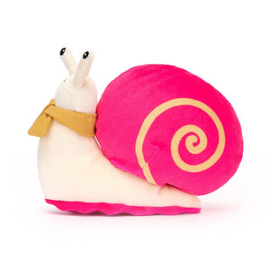 Side view: Shell yeah! This cuddly Jellycat Pink Escargot, features a vibrant pink shell, soft fur, and a trendy mustard scarf. 