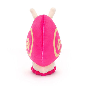 Back View: Fashion icon alert! Jellycat Pink Escargot, a plush snail, boasts a hot pink shell, with a fancy spiral design.