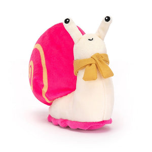 Angled view: Strike a pose! Jellycat Pink Escargot shows off its style with a mustard scarf, pink shell, and a fuchsia frill. 