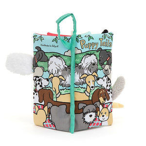 Back View: Jellycat Puppy Tails Activity Book displayed from behind, showcasing the soft, huggable design with a secure closure and a handy buggy loop for on-the-go fun!