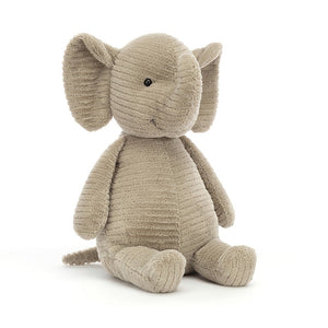 Angled view: Snuggle time! Jellycat Quaxy Elephant, boasts luxuriously soft fur, floppy ears, a curious trunk, and chunky legs for playtime.
