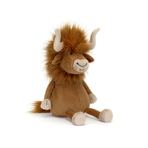 Angled View:  Jellycat Ramone Bull (33 cm x 14 cm): A playful bull plush with a wild mane of ginger and charcoal fur, beige horns, and a cute tassel tail. Perfect for cuddles and playtime!