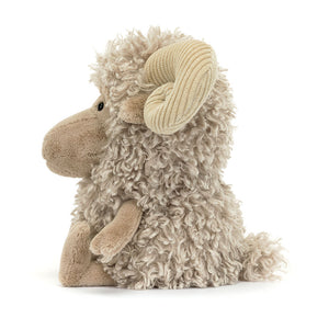 Side view of Jellycat Ramsley Sheep, displaying its fluffy texture and adorable profile.