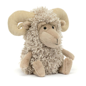 Angle view of Jellycat Ramsley Sheep, highlighting its adorable face and cuddly design.