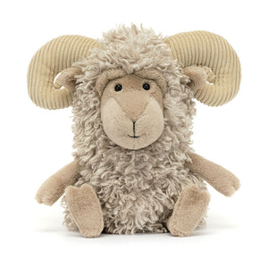 Front view of Jellycat Ramsley Sheep, showcasing its fluffy white and grey fur and gentle face.