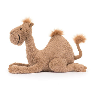 Side view sunshine: Jellycat's Richie the Dromedary shows off his squishable hump, soft fur, and adorable tail from the side. Ideal for cuddly adventures.