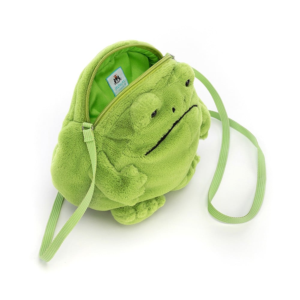 Opened bag view: Keep essentials safe & stylish! The Ricky Rain Frog Bag, a Jellycat plush bag, boasts a plump body, bright green lining, secure zip closure, and a webbed strap. 