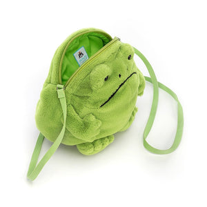 Opened bag view: Keep essentials safe & stylish! The Ricky Rain Frog Bag, a Jellycat plush bag, boasts a plump body, bright green lining, secure zip closure, and a webbed strap. 