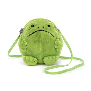 Straight on view: Carry your essentials in amphibian style! This cuddly Jellycat bag, the Ricky Rain Frog Bag, features a plush body, secure zip, comfy strap, and webbed details.