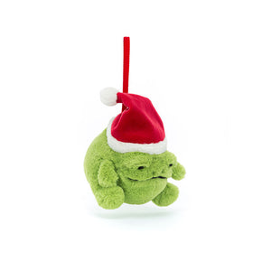 A side view of the Jellycat Ricky Rain Frog Decoration, showing its soft, green fur and playful pose.