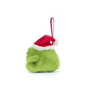 A back view of the Jellycat Ricky Rain Frog Decoration, highlighting its soft, green fur and leafy detail.