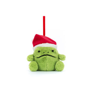 A soft, green Jellycat Ricky Rain Frog Decoration with a charming smile and leafy detail.