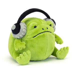 Angled View: Groovin' in the rain! The Jellycat Ricky Rain Frog Headphones tilt forward, showcasing their chunky black and grey design with green froggy details. A flexible, stiffened headband ensures a comfortable fit. Perfect for little music lovers who dig chill vibes. 