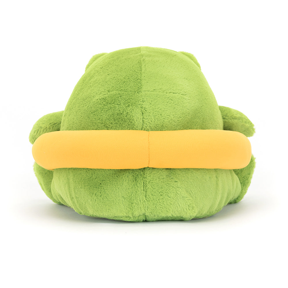 Backside view of the Jellycat Ricky Rain Frog Rubber Ring, emphasizing his yellow duck ring.