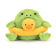 Adorable Jellycat Ricky Rain Frog Rubber Ring facing front, highlighting his pea-green color, cute smile, and iconic Jellycat design with the yellow duck ring for poolside relaxation.