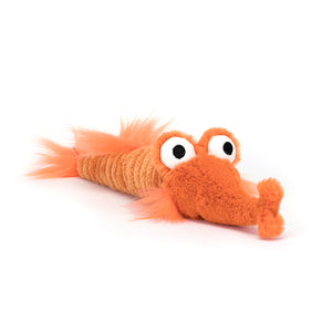 Quirky Jellycat Riley Razor Fish with a bright orange corduroy body, fluffy white fins, and a playful pout, ready for underwater adventures.