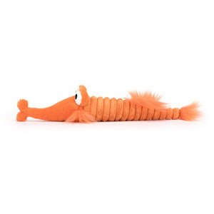 Jellycat Riley Razor Fish showing off its charming side, with a bright orange corduroy body, contrasting fluffy fins, and a wide-eyed expression.