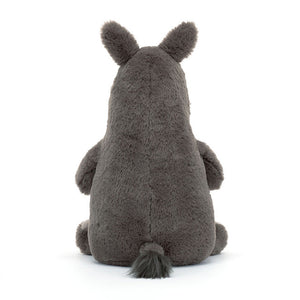 Back View:  Bring home a textured friend with Roderick Rhinoceros! This 37 cm x 15 cm Jellycat plush features soft grey fur, a fuzzy tail with a silky plume, and is perfect for sensory play.