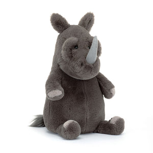 Angled View:  Jellycat Roderick Rhinoceros (37 cm x 15 cm): A cuddly rhino plush with rumpled brow, petal ears, big horn, and textured grey fur. Perfect for playtime and cuddles!