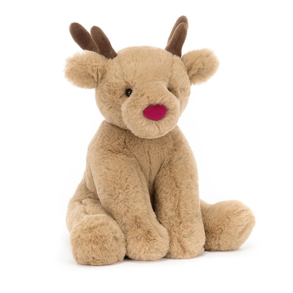 Jellycat Romi Reindeer soft toy with pink nose and brown antlers sitting upright against white background.