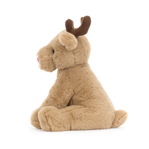 A side view of the Jellycat Romi Reindeer, showing its soft, brown fur and playful pose.