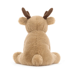 A back view of the Jellycat Romi Reindeer, highlighting its soft, brown fur and the rosy cheeks.